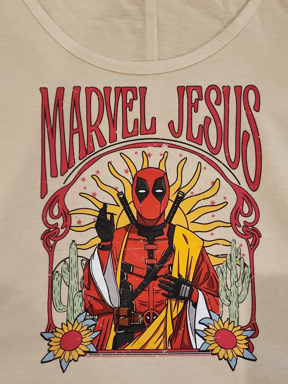 Beige Graphic Tee with Deadpool Print Marvel Jesus